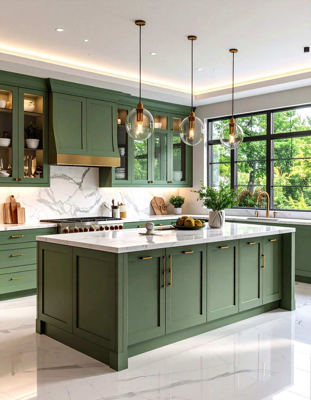 Sage Green Island with Glass Front Cabinets and Display Lighting - 24 Sage Green Kitchen Island Ideas