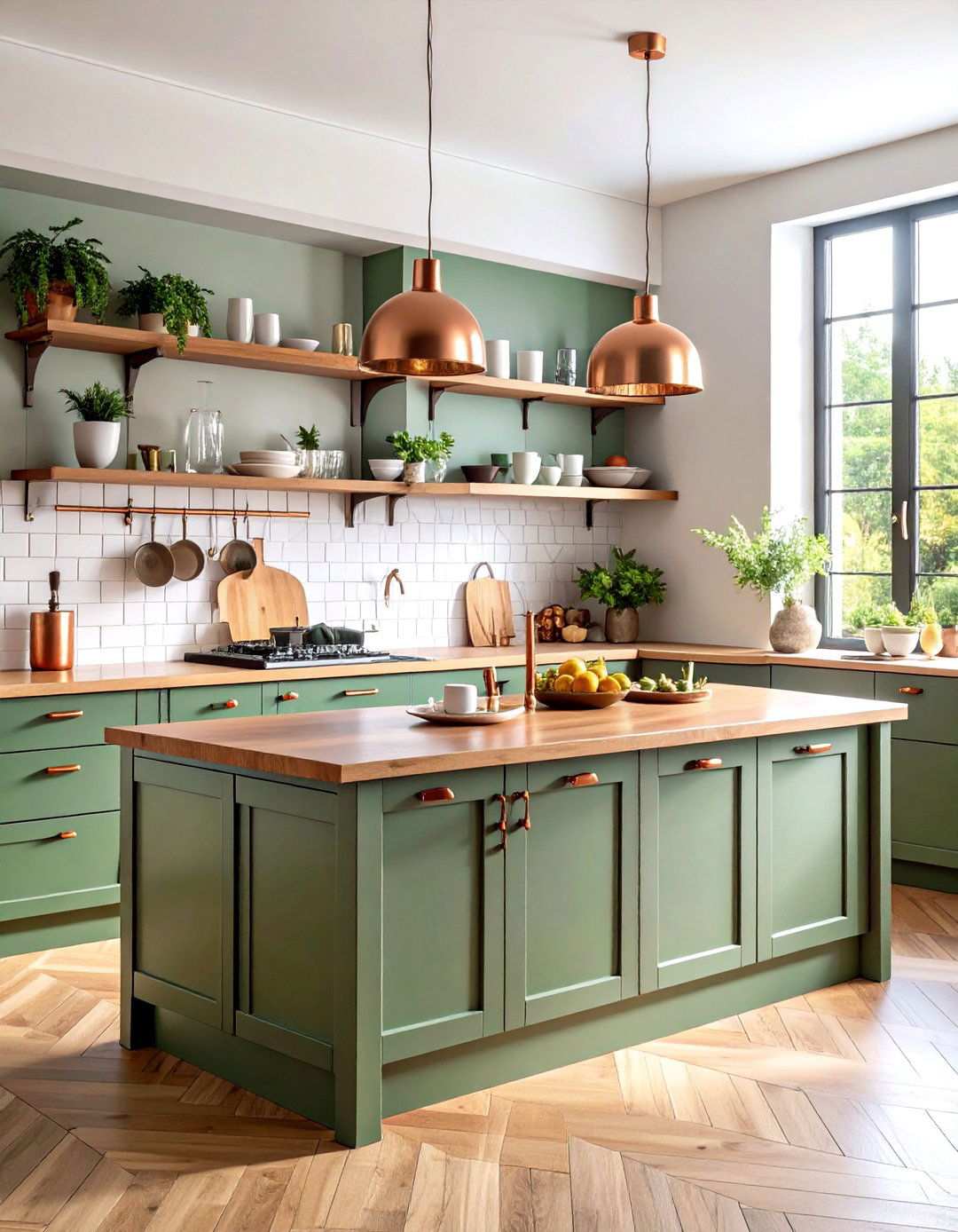 Sage Green Island with Open Shelving and Copper Accents - 24 Sage Green Kitchen Island Ideas