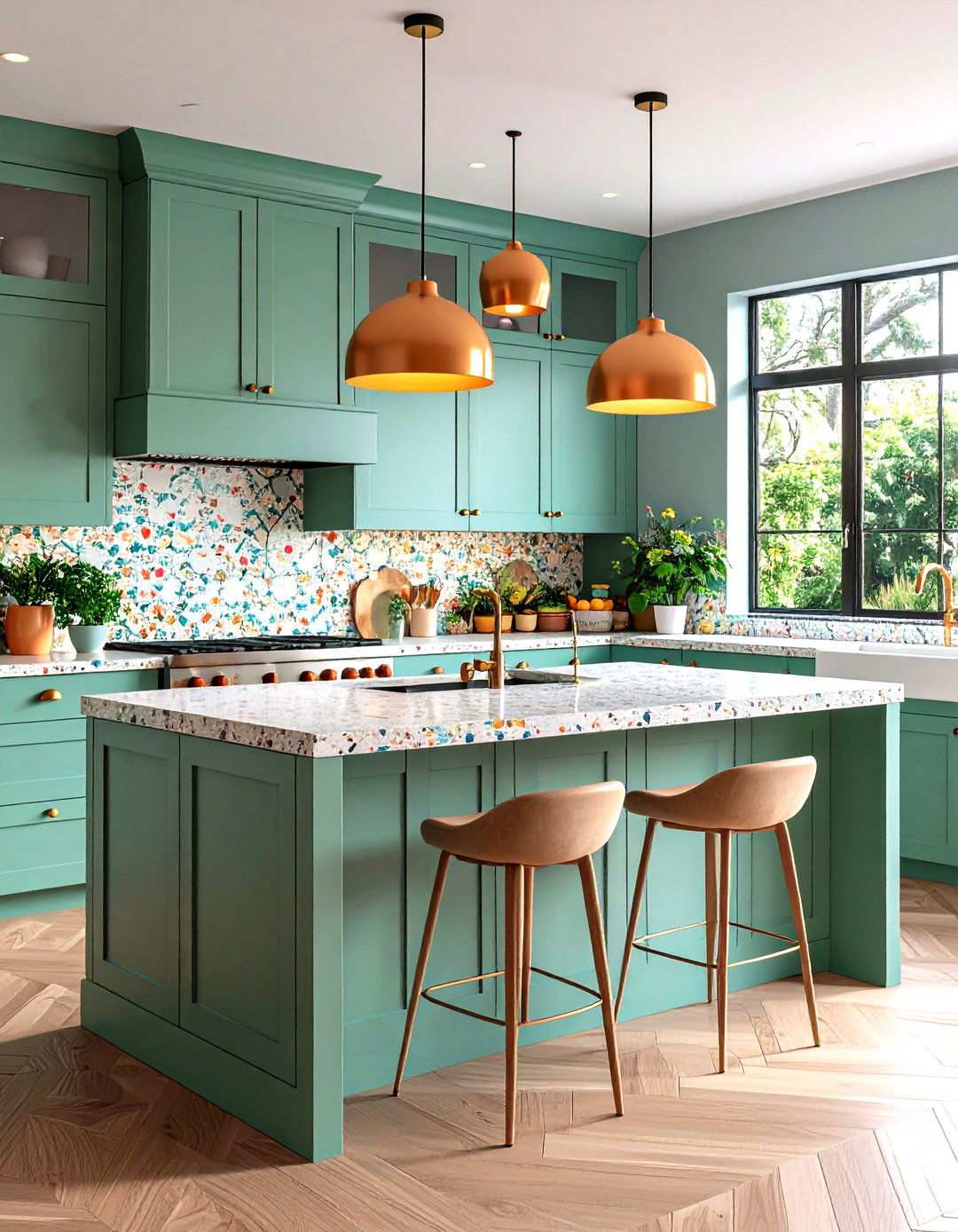 Sage Green Island with Terrazzo Countertops and Playful Patterns - 24 Sage Green Kitchen Island Ideas