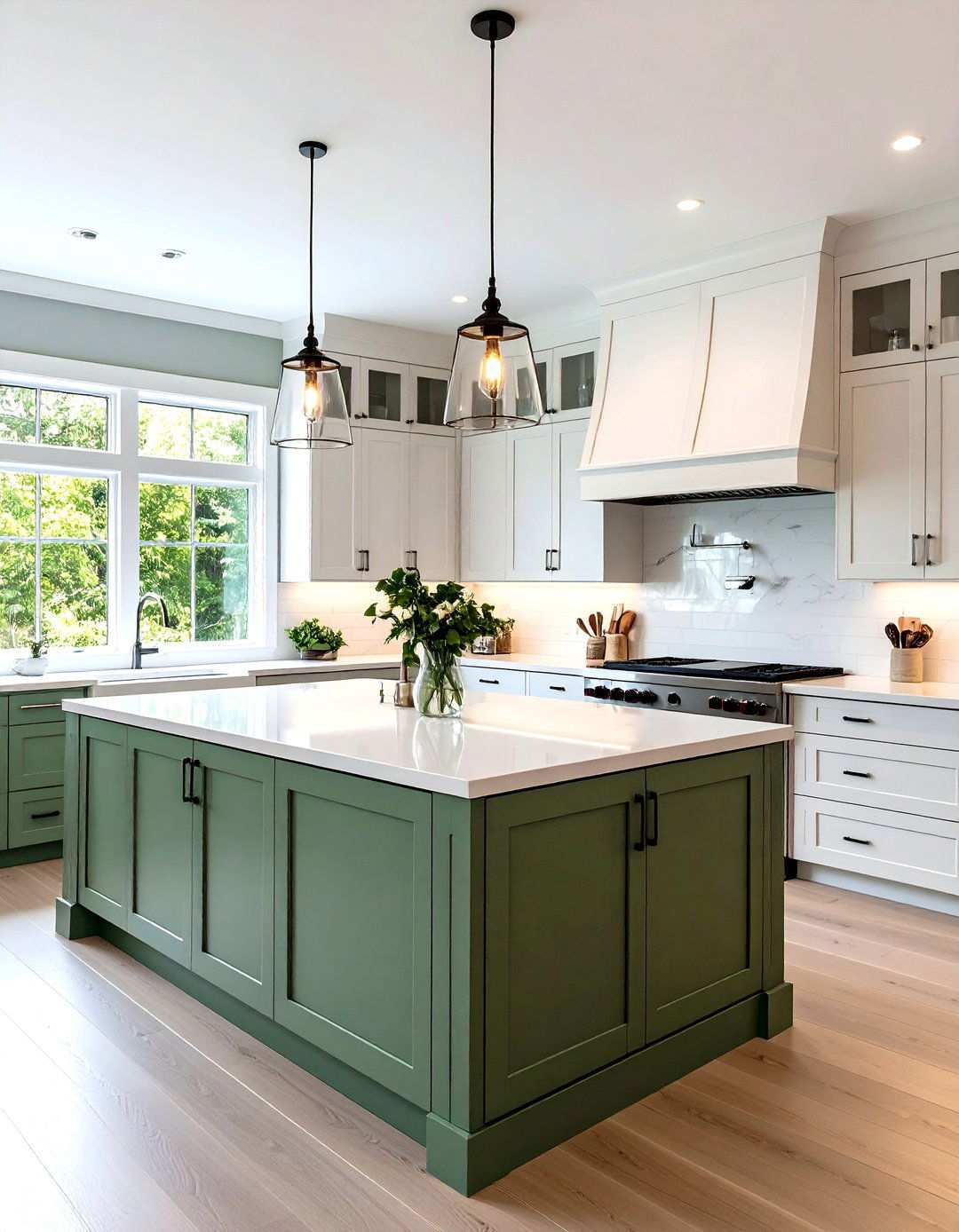Sage Green Kitchen Island with Contrasting Cabinets - 24 Sage Green Paint Color Ideas