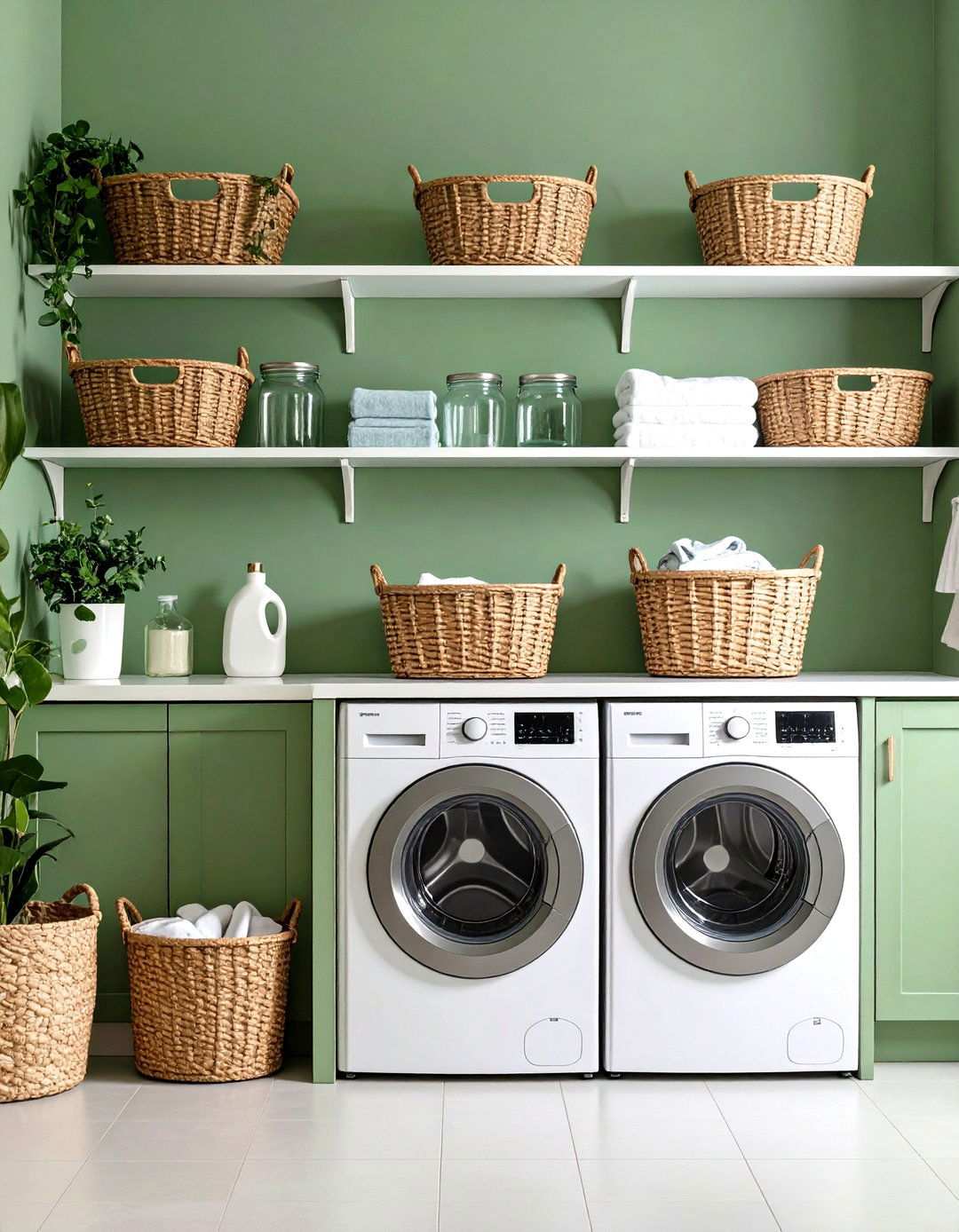 Sage Green Laundry Room with Open Shelving - 24 Sage Green Paint Color Ideas