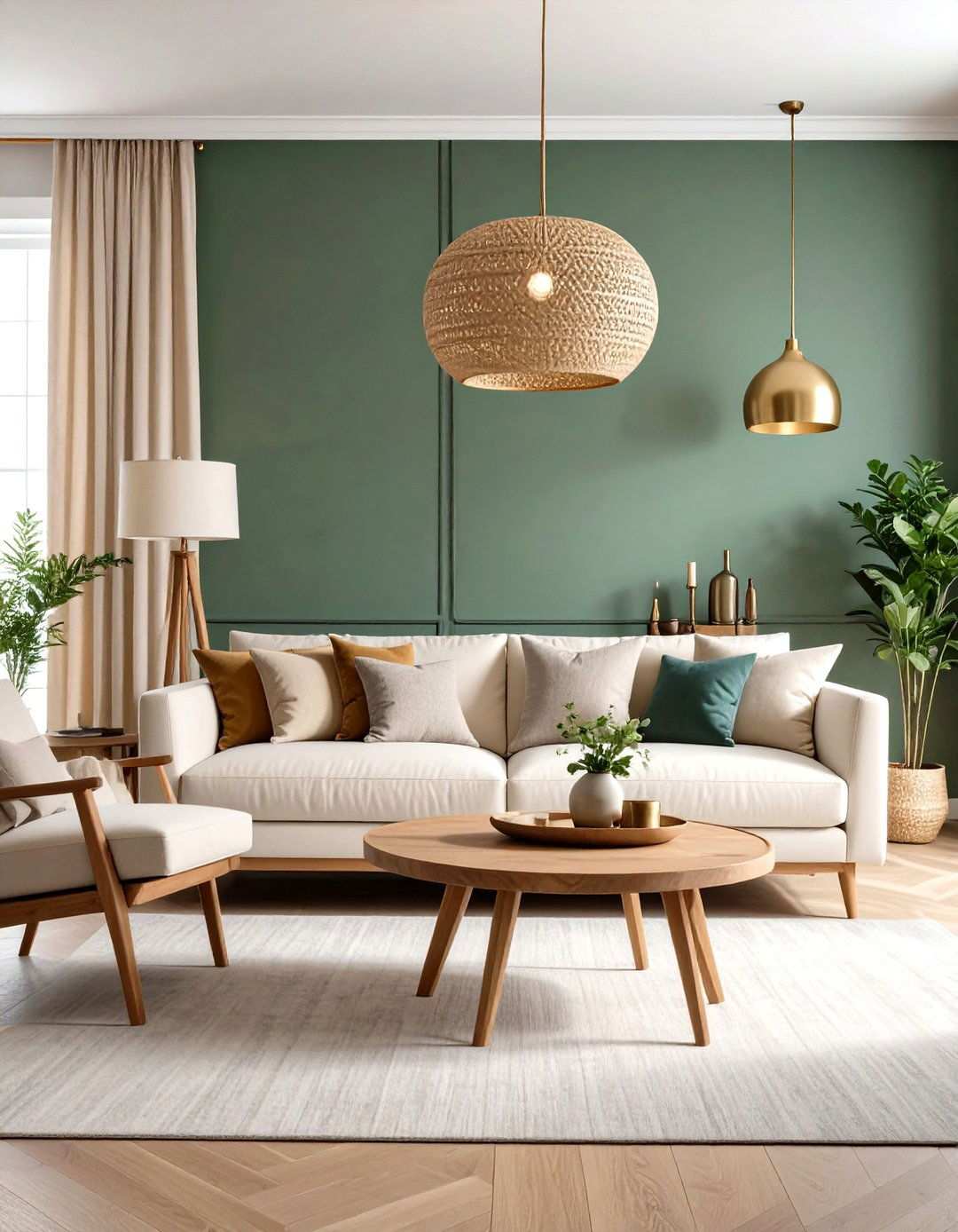 Sage Green Living Room Accent Wall with Neutral Furnishings - 24 Sage Green Decor Ideas