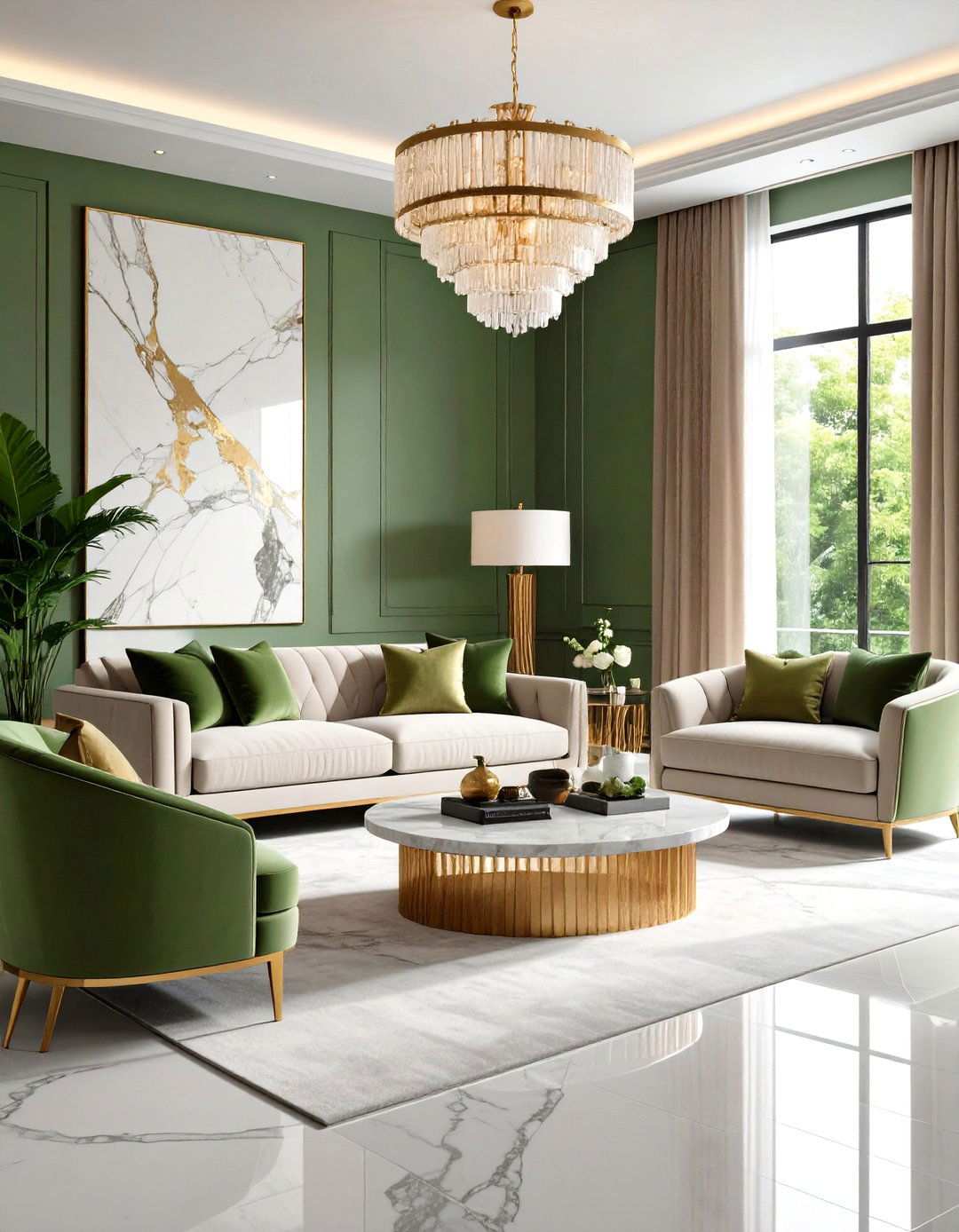 Sage Green Living Room with Marble and Stone Elements - 24 Sage Green Living Room Ideas