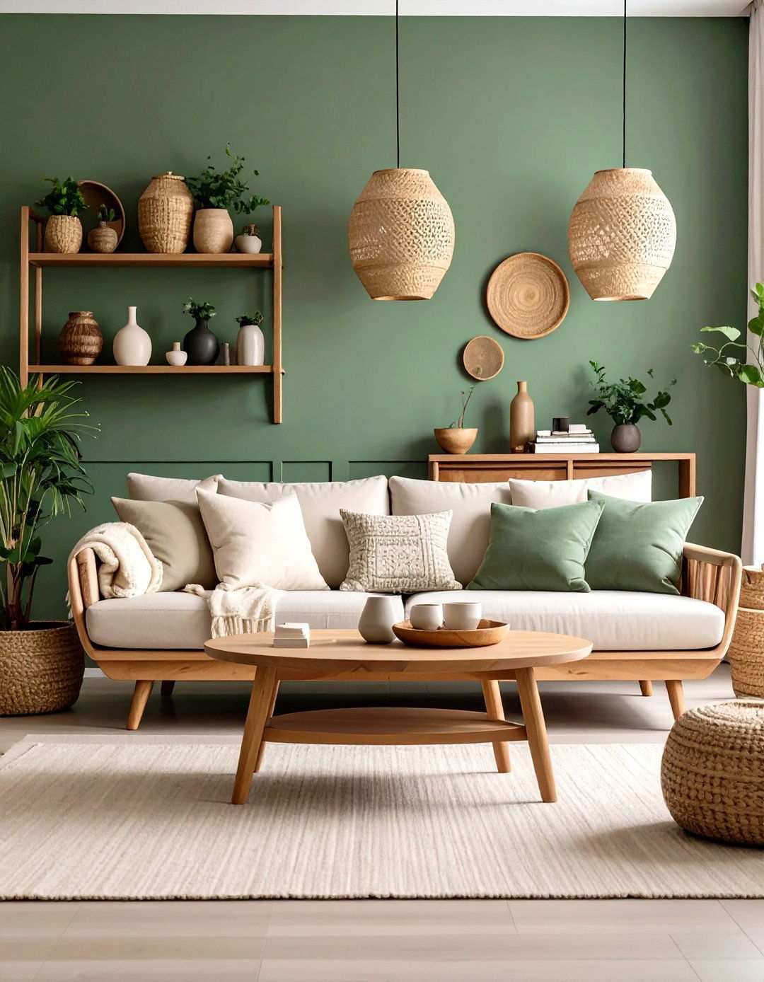 Sage Green Living Room with Natural Wood Accents - 24 Sage Green Paint Color Ideas