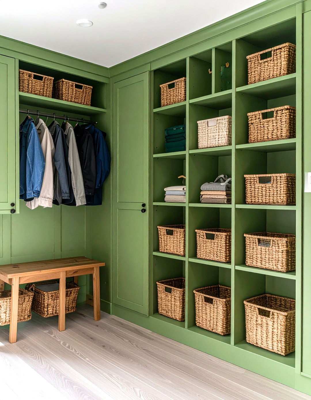 Sage Green Mudroom with Built in Storage - 24 Sage Green Paint Color Ideas