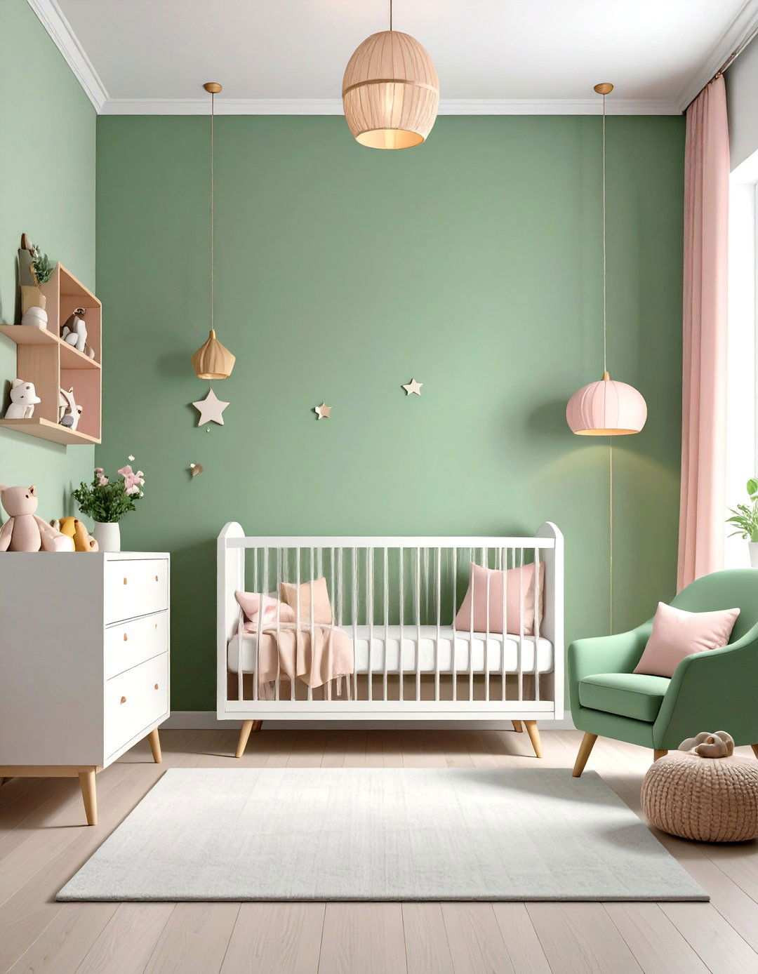 Sage Green Ombre Wall with Pink Gradient Details - 24 Pink and Green Nursery Ideas