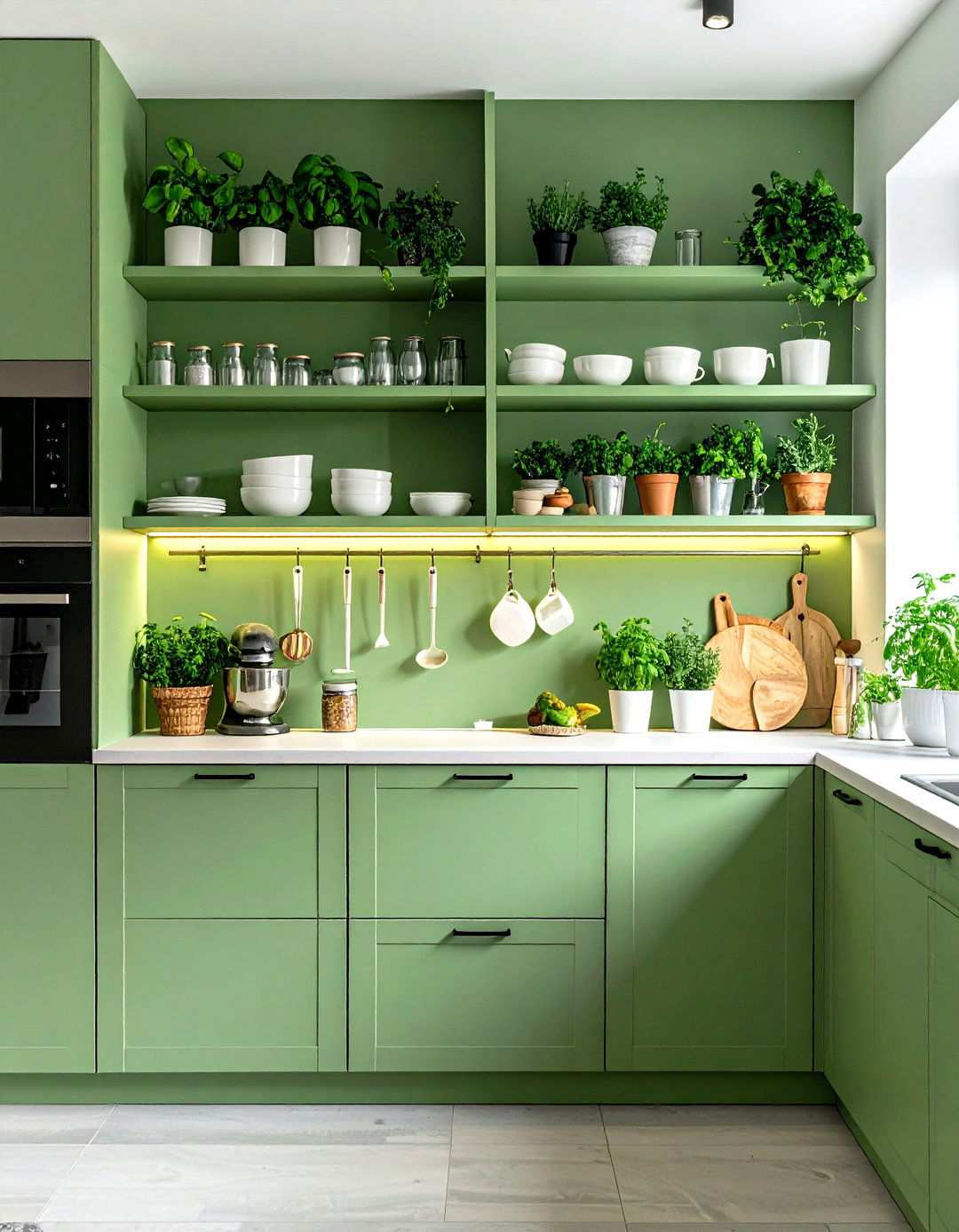Sage Green Open Shelving Display - 24 Sage Green Kitchen Ideas