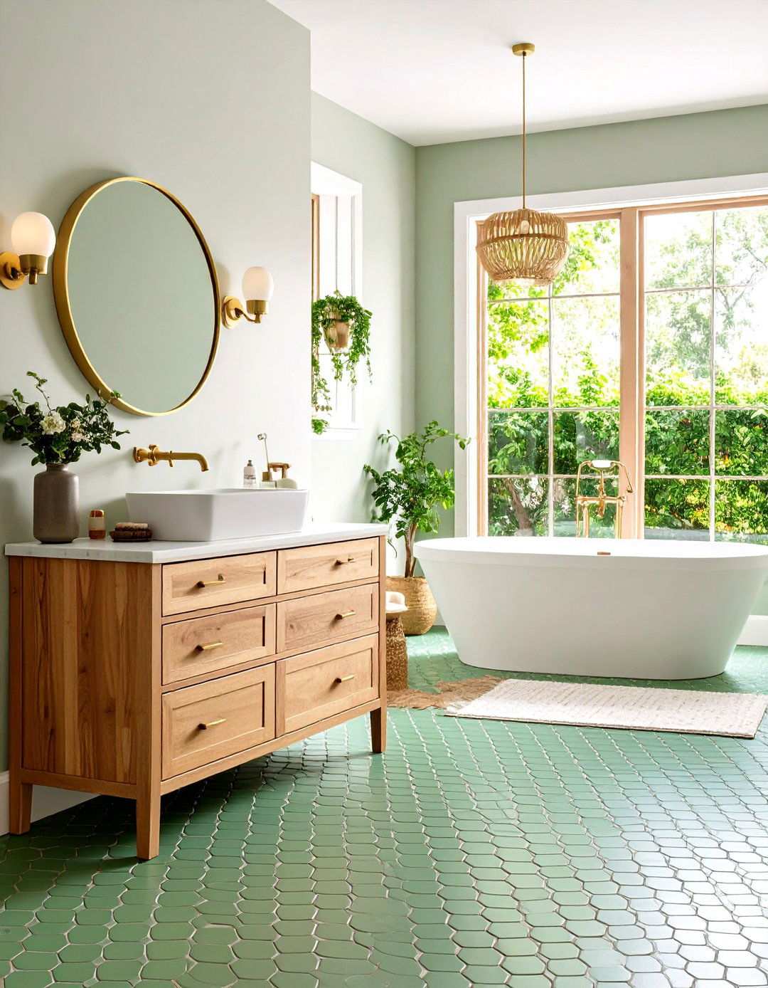 Sage Green Penny Tile Floor - 24 Small Green Bathroom Ideas