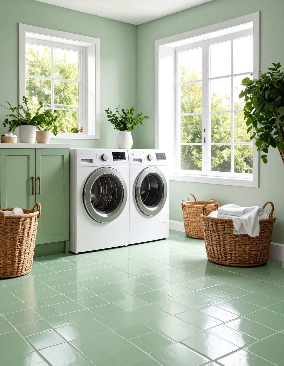 Sage Green Penny Tile Flooring - 24 Sage Green Laundry Room Ideas
