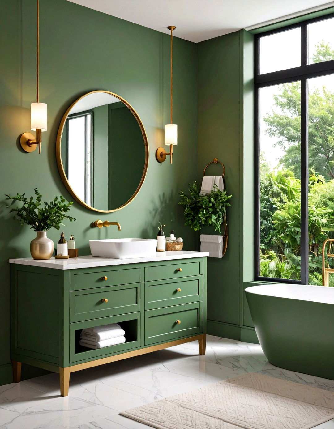Sage Green Powder Room with Brass Fixtures - 24 Sage Green Decor Ideas