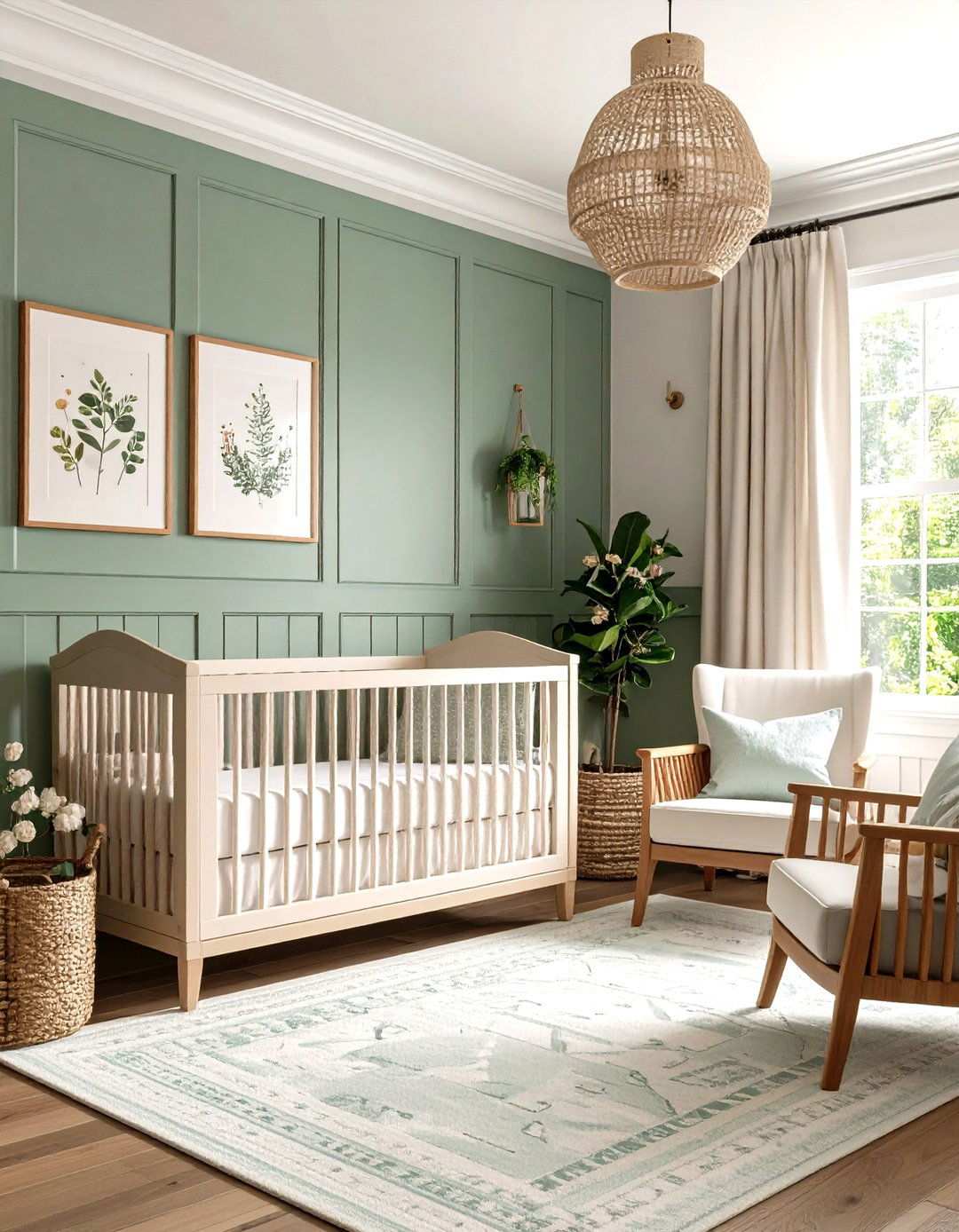 Sage Green Raised Panel Wainscoting with Natural Wood Accents - 24 Wainscoting Nursery Ideas