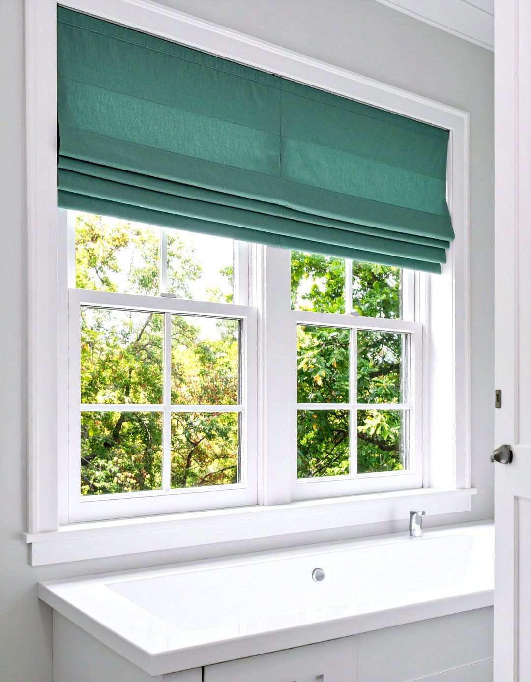 Sage Green Roman Shade Window - 24 Small Green Bathroom Ideas