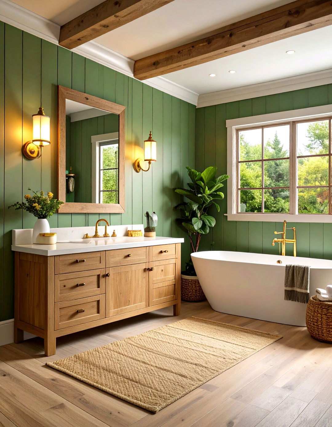 Sage Green Shiplap with Marigold Yellow Lighting Fixtures - 24 Yellow and Green Bathroom Ideas