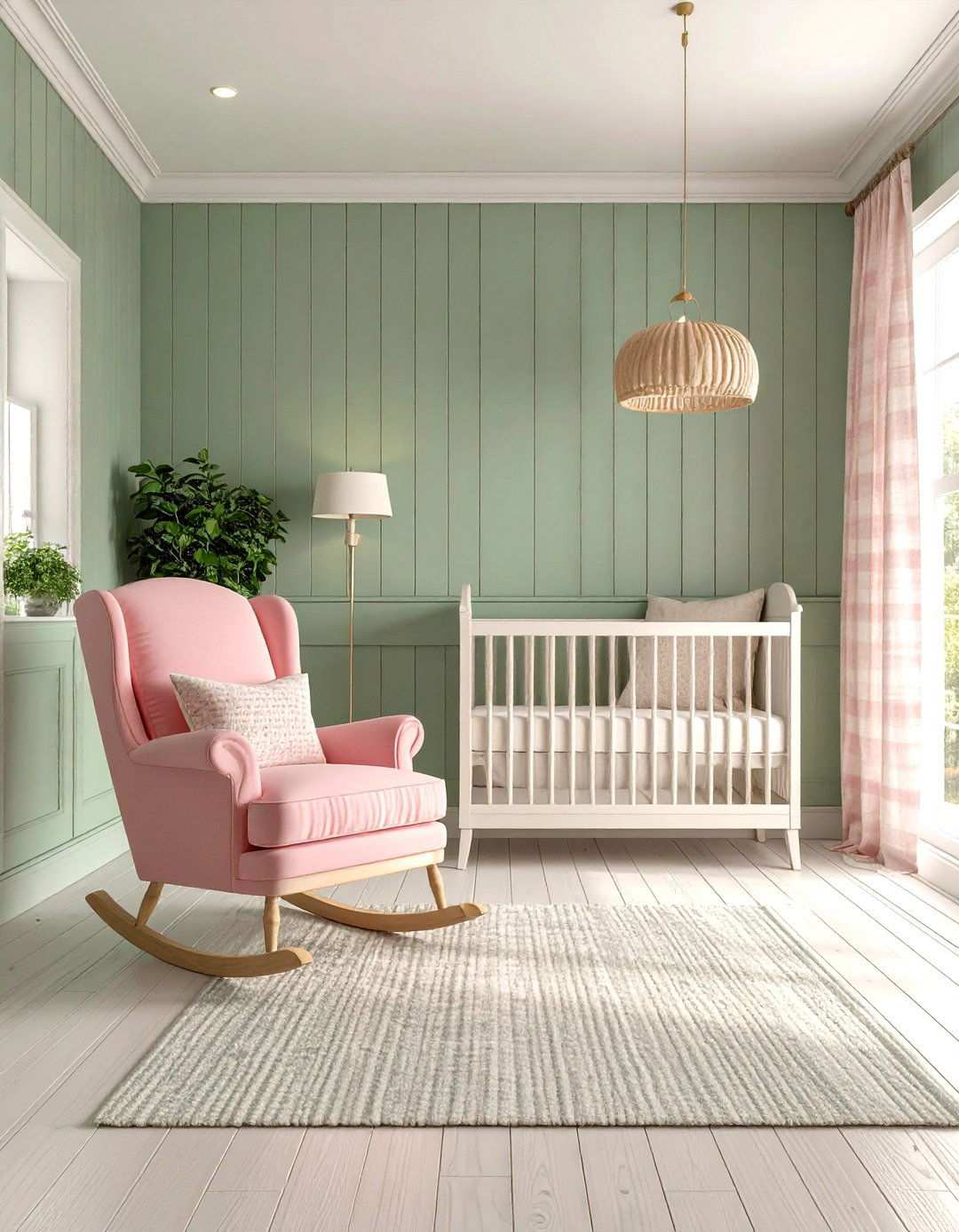 Sage Green Shiplap with Pink Vintage Details - 24 Pink and Green Nursery Ideas