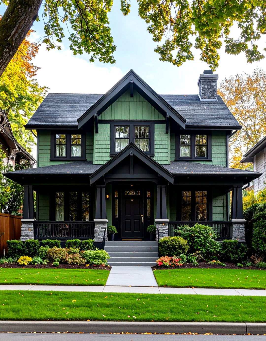 Sage Green Siding With Black Door and Brass Hardware - 24 Sage Green House With Black Trim Ideas