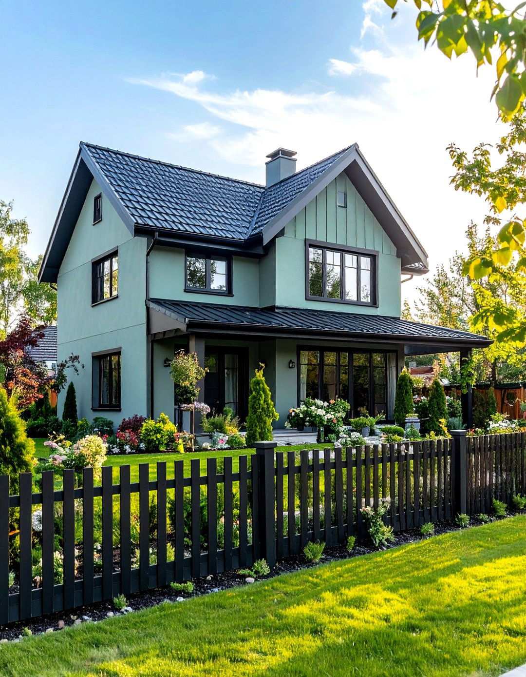 Sage Green Siding With Black Landscape Integration Elements - 24 Sage Green House With Black Trim Ideas