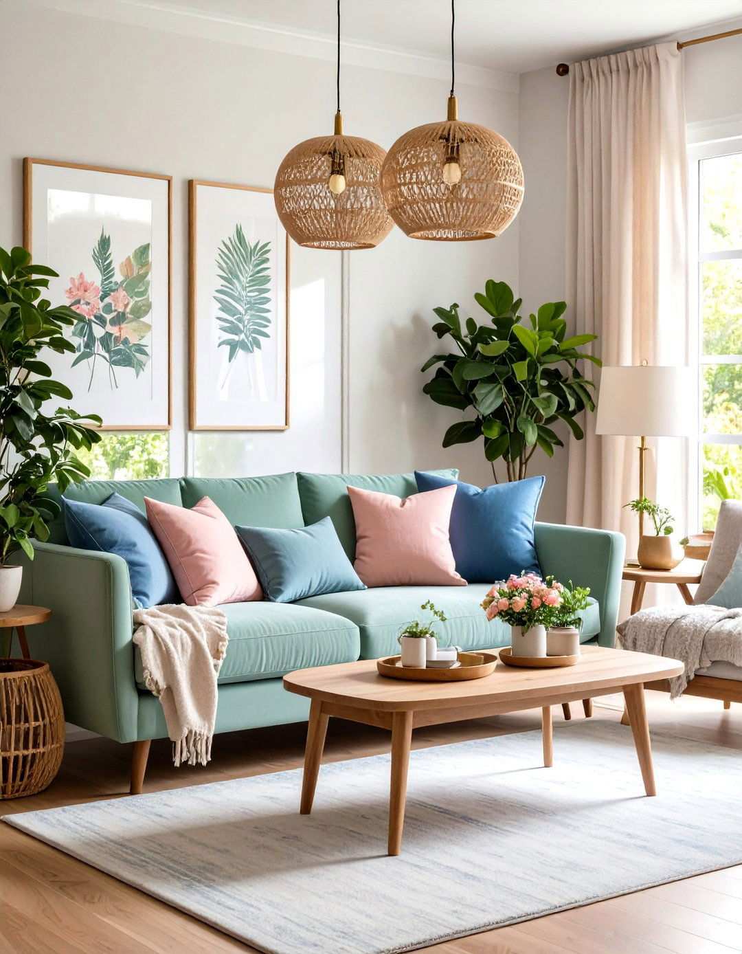 Sage Green Sofa with Dusty Pink and Periwinkle Blue Accents - 24 Pink and Blue Living Room Ideas