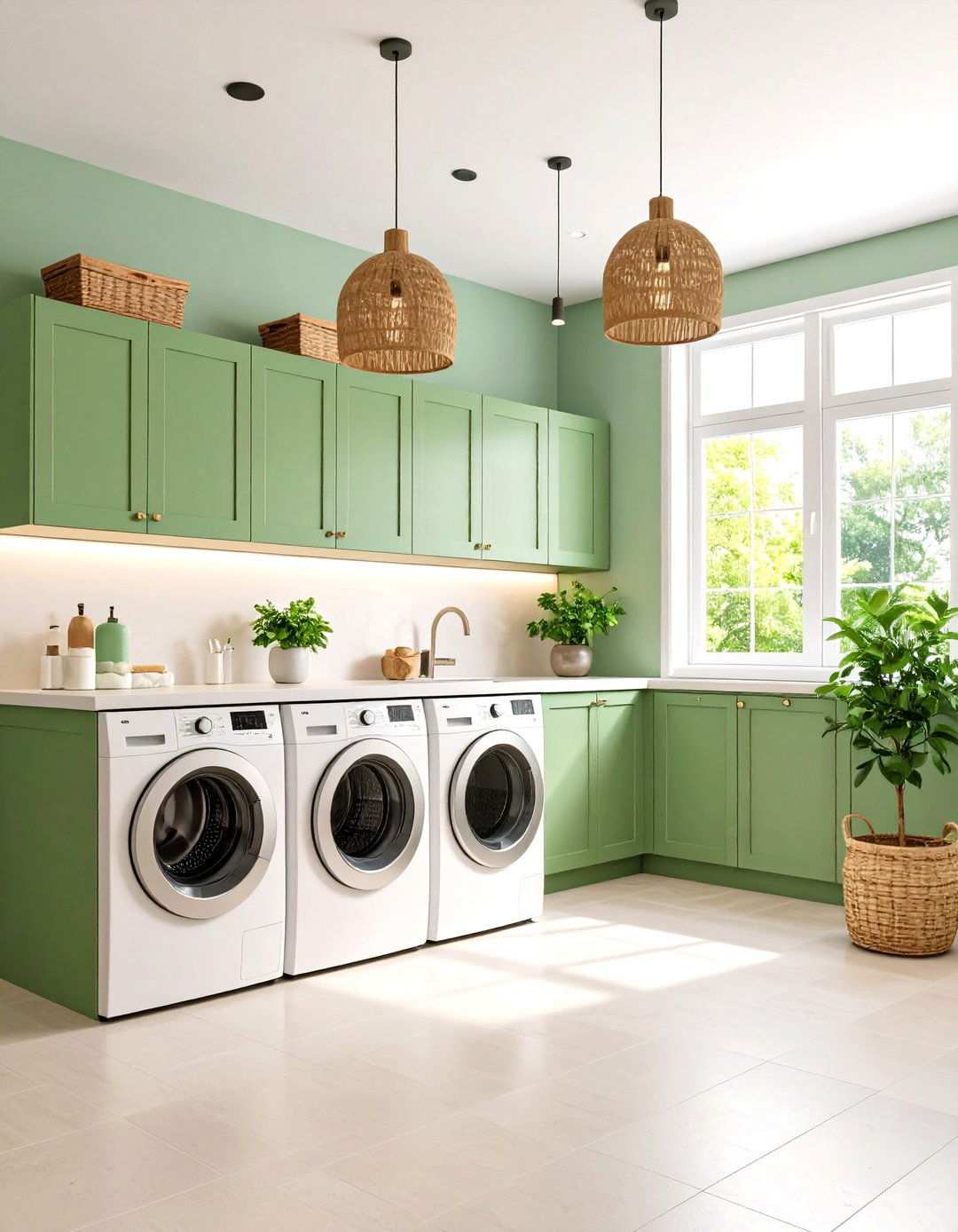 Sage Green Task and Ambient Lighting - 24 Sage Green Laundry Room Ideas