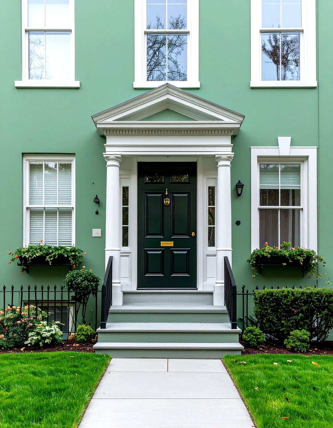 Sage Green Townhouse with Sophisticated Black Door - 24 Sage Green House With Black Door