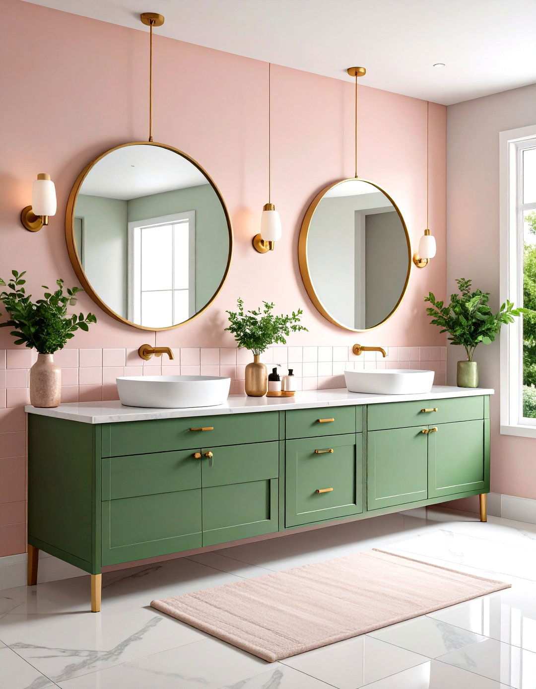 Sage Green Vanity with Blush Pink Subway Tiles - 24 Pink and Green Bathroom Design Ideas