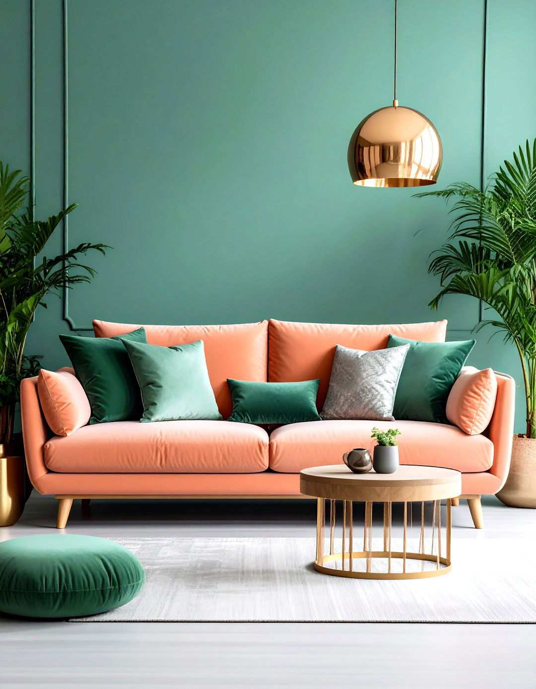 Salmon Pink Couch with Emerald Green Contrast - 24 Pink Couch Living Room Ideas