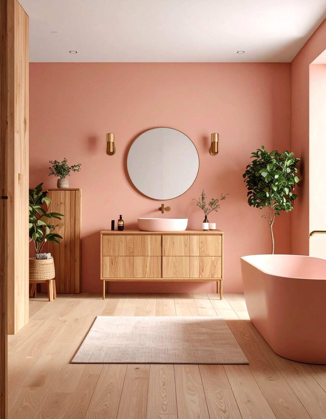 Salmon Pink Feature Wall Drama - 24 Pink Bathroom Ideas