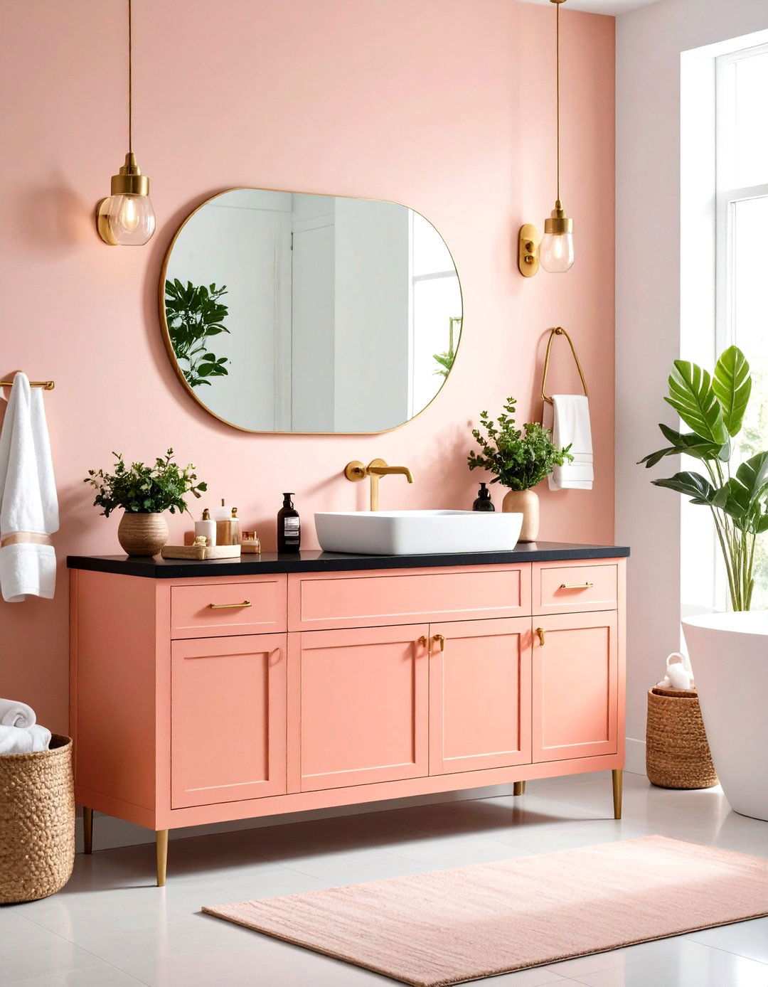 Salmon Pink Painted Vanity with Black Countertops - 24 Pink and Black Bathroom Ideas
