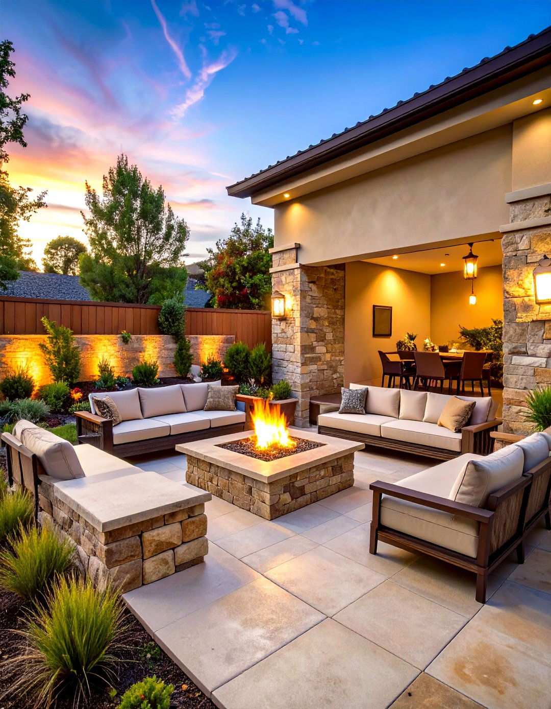 Sandstone Patio with Built in Seating Walls - 24 Stone Patio With a Fire Pit Ideas