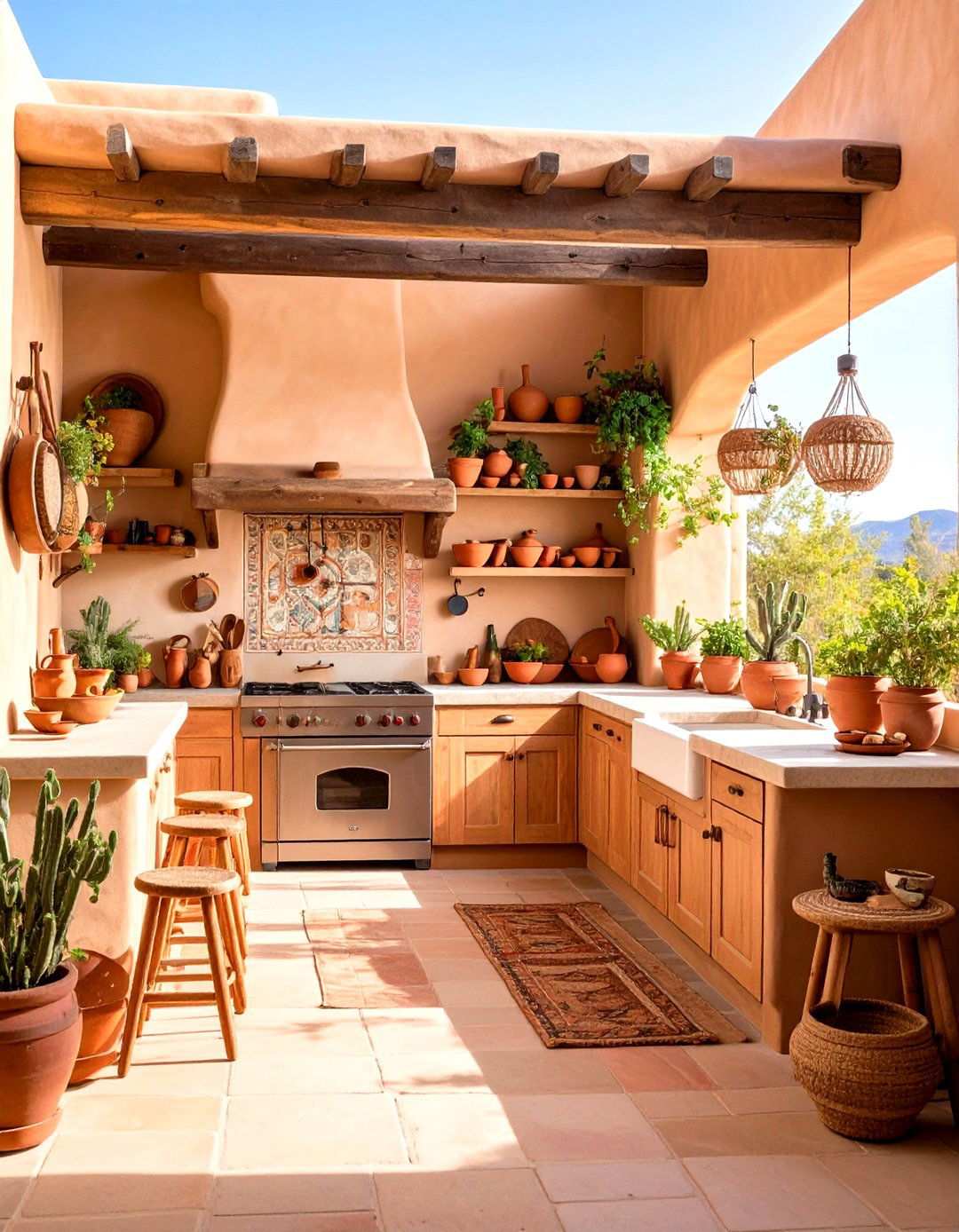Santa Fe Style Stucco Kitchen with Adobe Inspiration - 24 Stucco Outdoor Kitchen Ideas