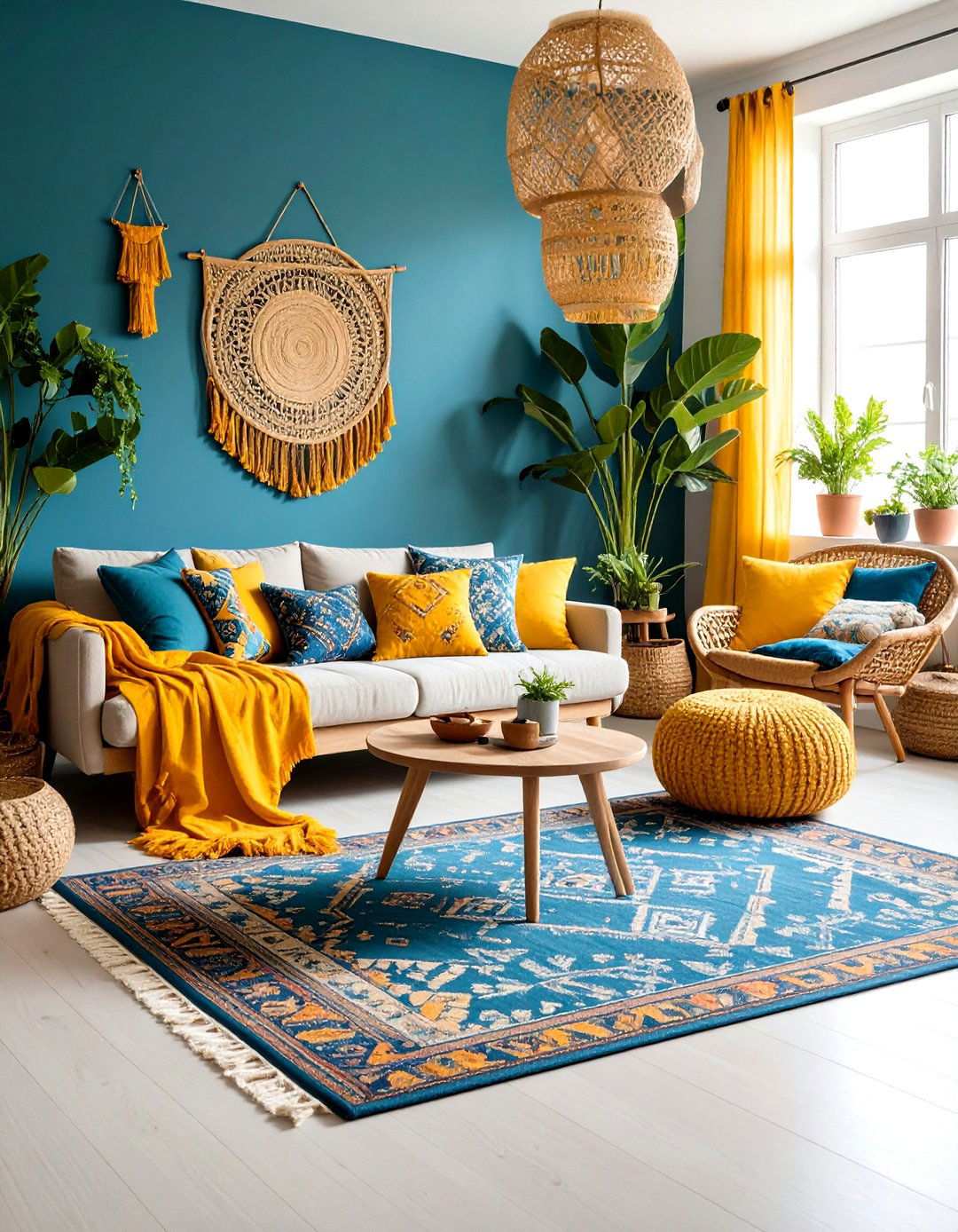 Sapphire Blue and Marigold Bohemian - 24 Yellow and Blue Living Room Ideas