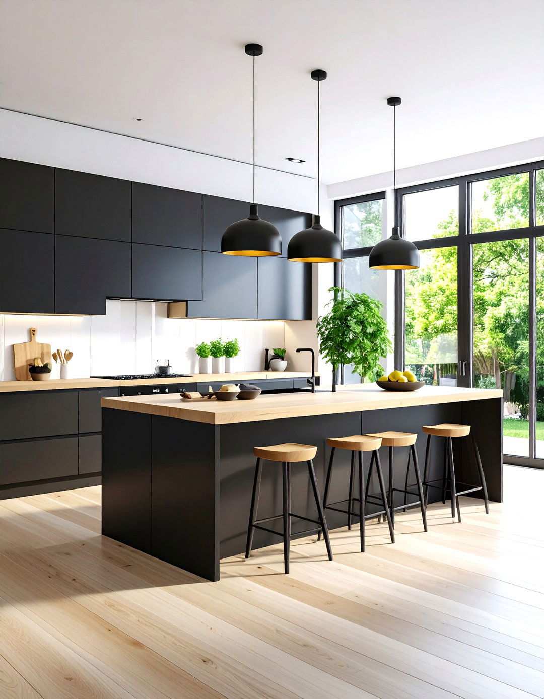 Scandinavian Black Cabinets with Light Oak Countertops - 24 Kitchen With Black Cabinets And Wood Countertops Ideas
