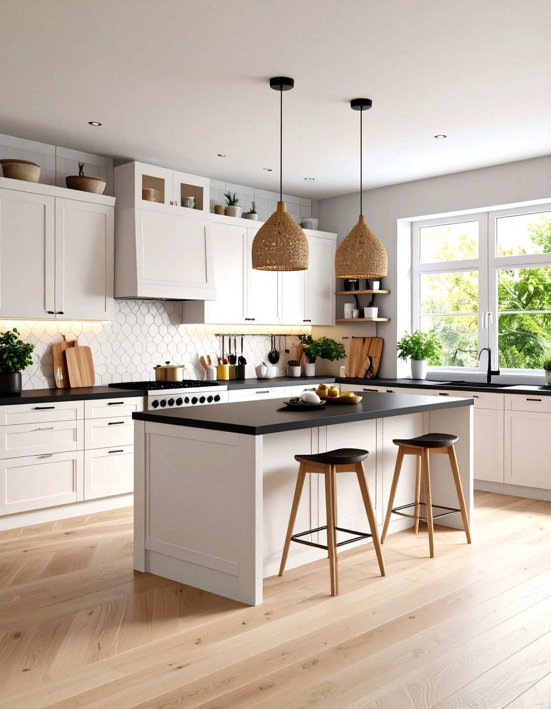 Scandinavian Inspired Light Wood Accents - 24 white kitchen with black countertops ideas