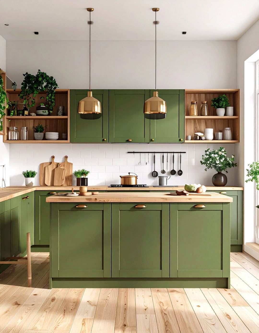 Scandinavian Kitchen with Olive Green Lower Cabinets - 24 Olive Green Room Ideas