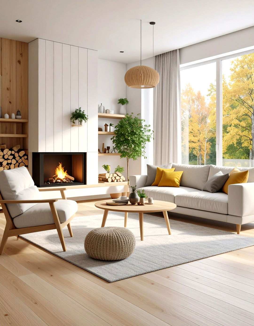 Scandinavian Modern Fireplace with Light Wood and White Walls - 24 Modern Fireplace Ideas