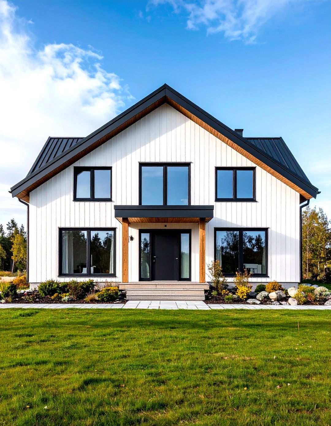 Scandinavian Modern with Black Window Frames - 24 single story white house black trim