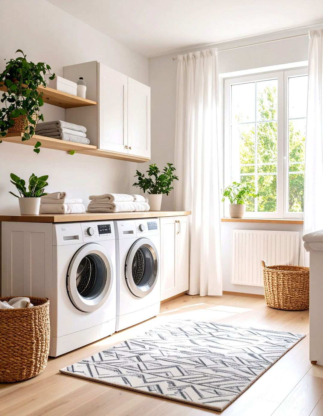 Scandinavian Style White and Gray Geometric Curtains - 24 Laundry Room Curtain Ideas