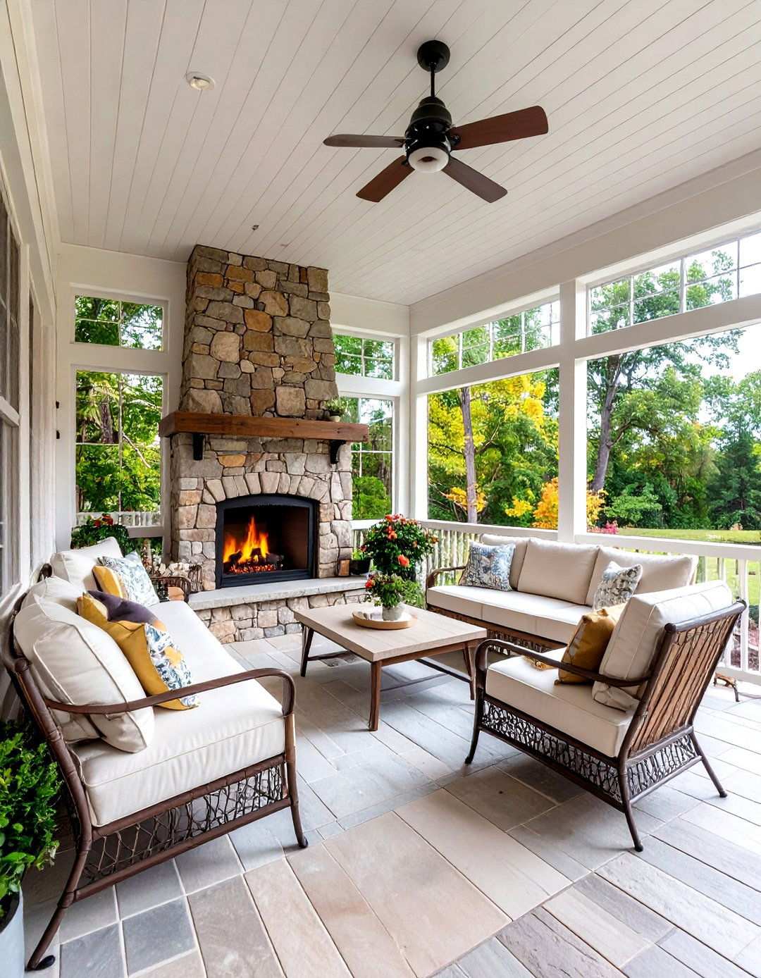 Screened Porch with Built in Seating - 24 Porch Fireplace Ideas