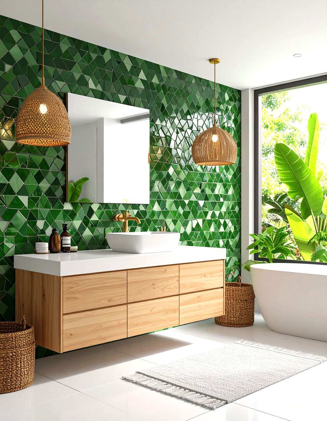 Sea Glass Green Mosaic Accent Wall - 24 Small Green Bathroom Ideas