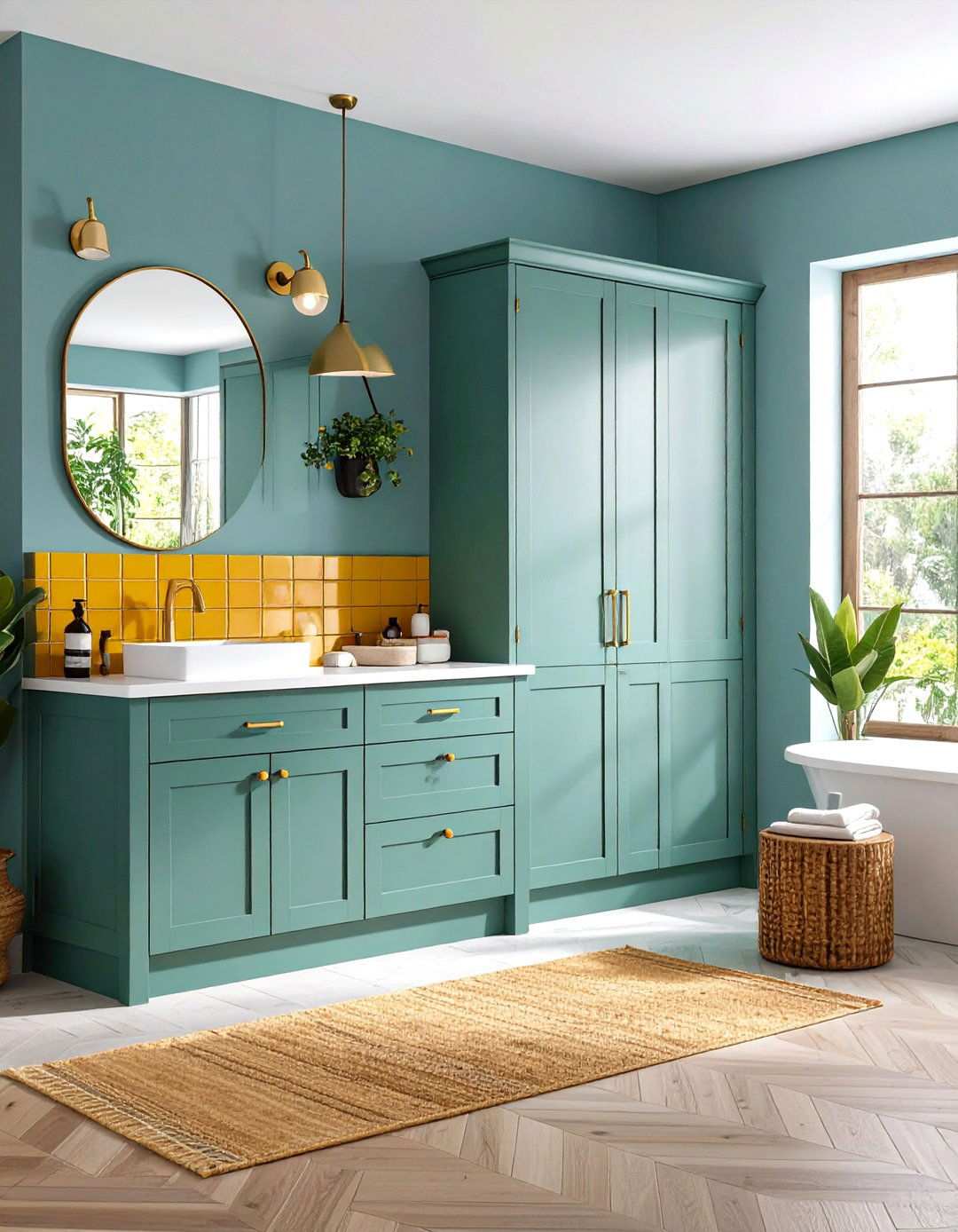 Seafoam Green Cabinets with Marigold Yellow Backsplash - 24 Yellow and Green Bathroom Ideas