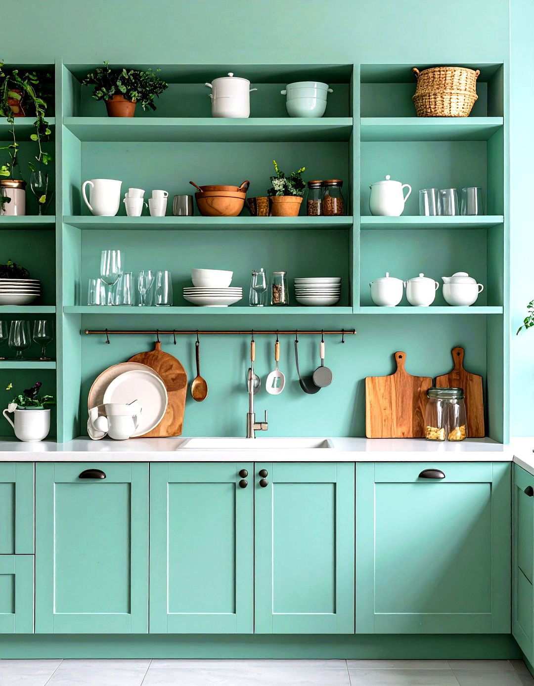 Seafoam Green Open Shelving Display - 24 Seafoam Green Kitchen Ideas