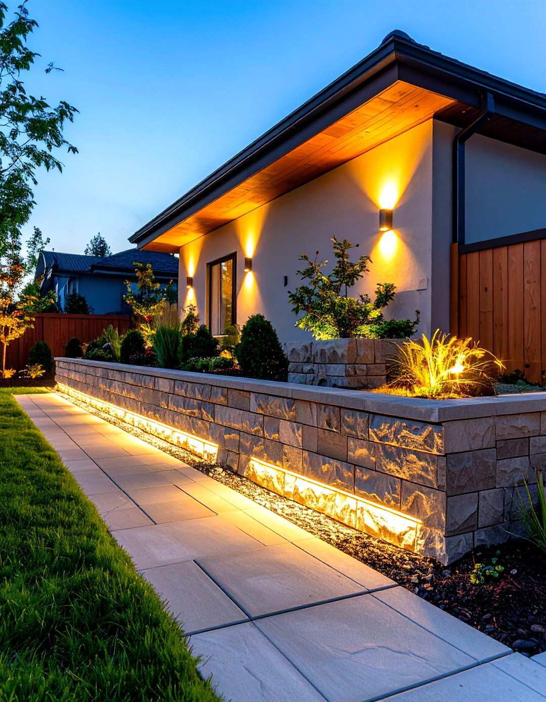 Segmental Retaining Wall with LED Lighting - 24 Retaining Wall Ideas for Sloped Backyard