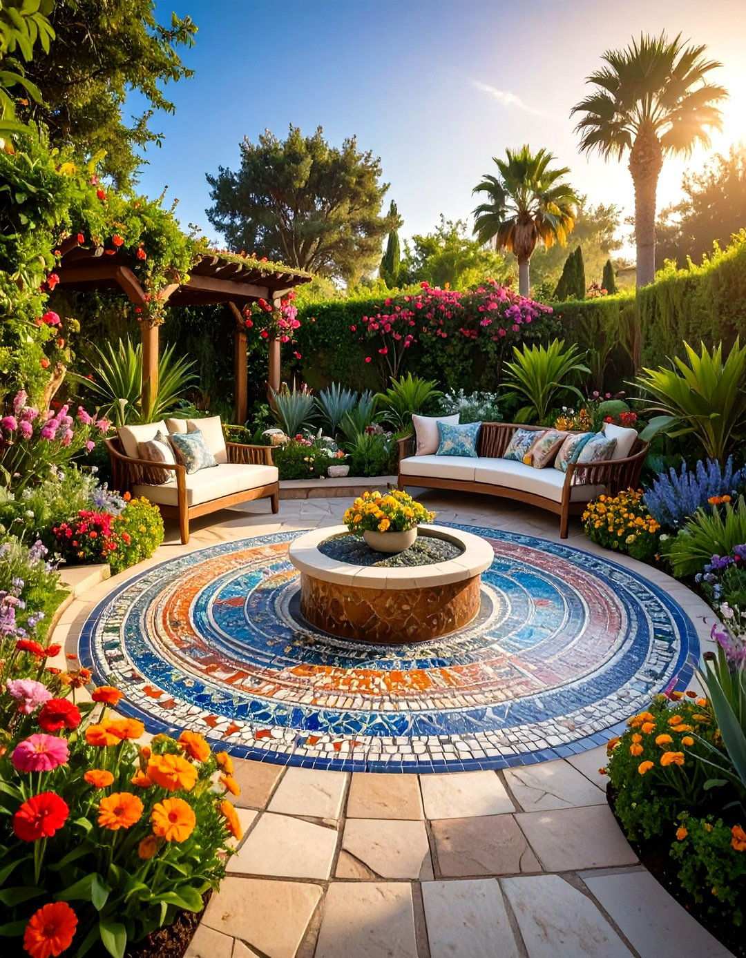 Semi Circle Patio with Artistic Mosaic Centerpiece - 24 Semi Circle Patio Ideas and Inspiration
