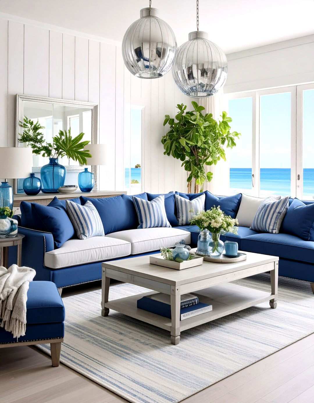 Silver Blue Coastal Living Room Theme - 24 Silver Living Room Ideas