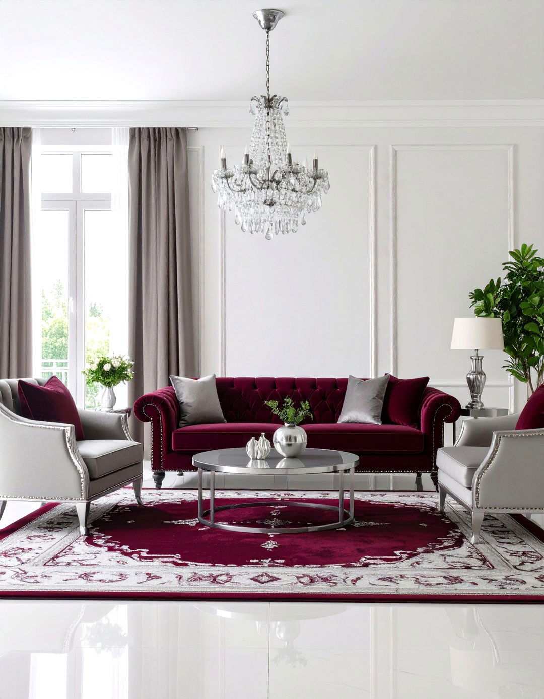 Silver Burgundy Rich Living Room Theme - 24 Silver Living Room Ideas