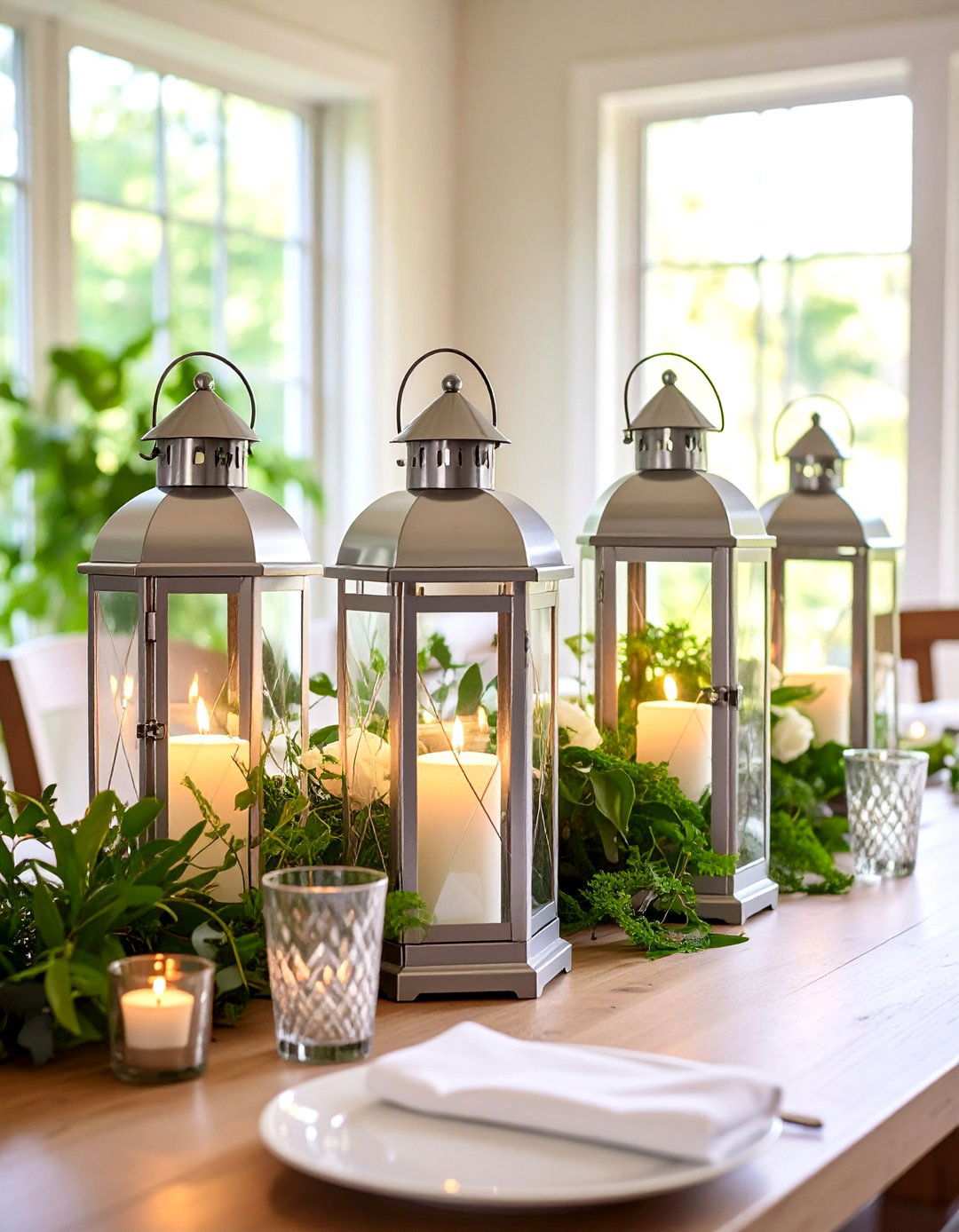 Silver Hurricane Lanterns with Lush Greenery - 24 Lantern Centerpiece Ideas