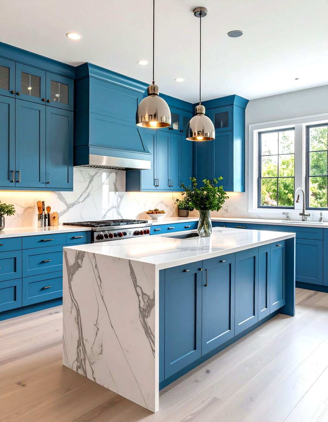 Sky Blue Flat Panel Cabinets with Marble Waterfall Island - 24 Light Blue Kitchen Cabinets Ideas
