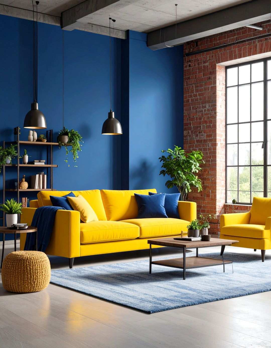 Slate Blue and Citrus Yellow Industrial - 24 Yellow and Blue Living Room Ideas