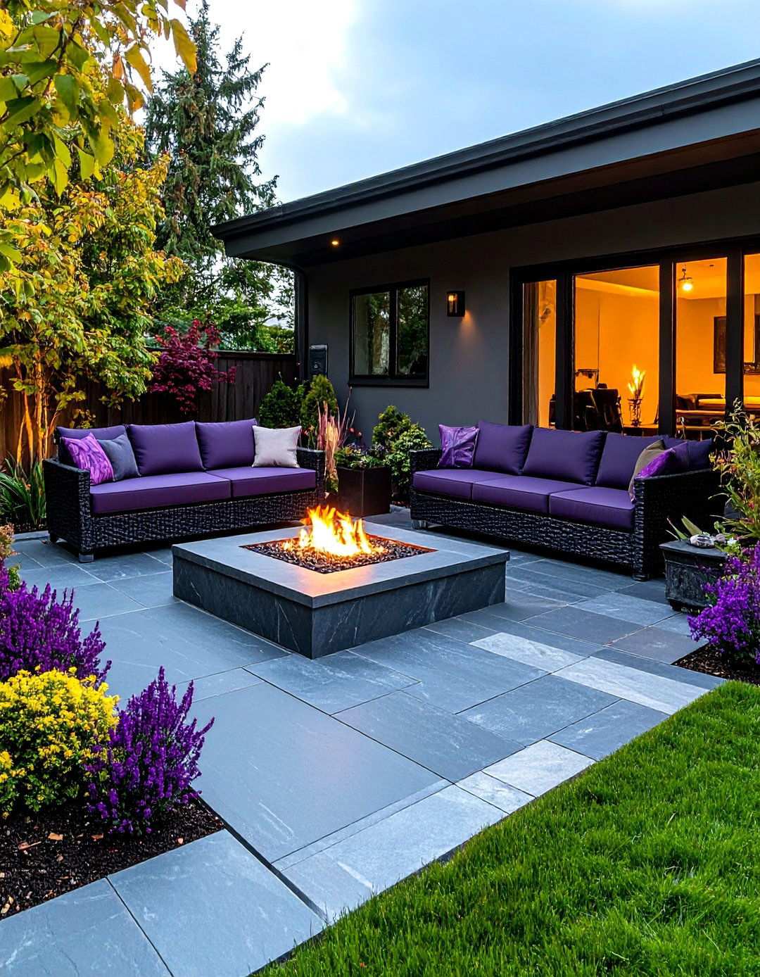 Slate Patio with Corner Fire Pit Design - 24 Stone Patio With a Fire Pit Ideas
