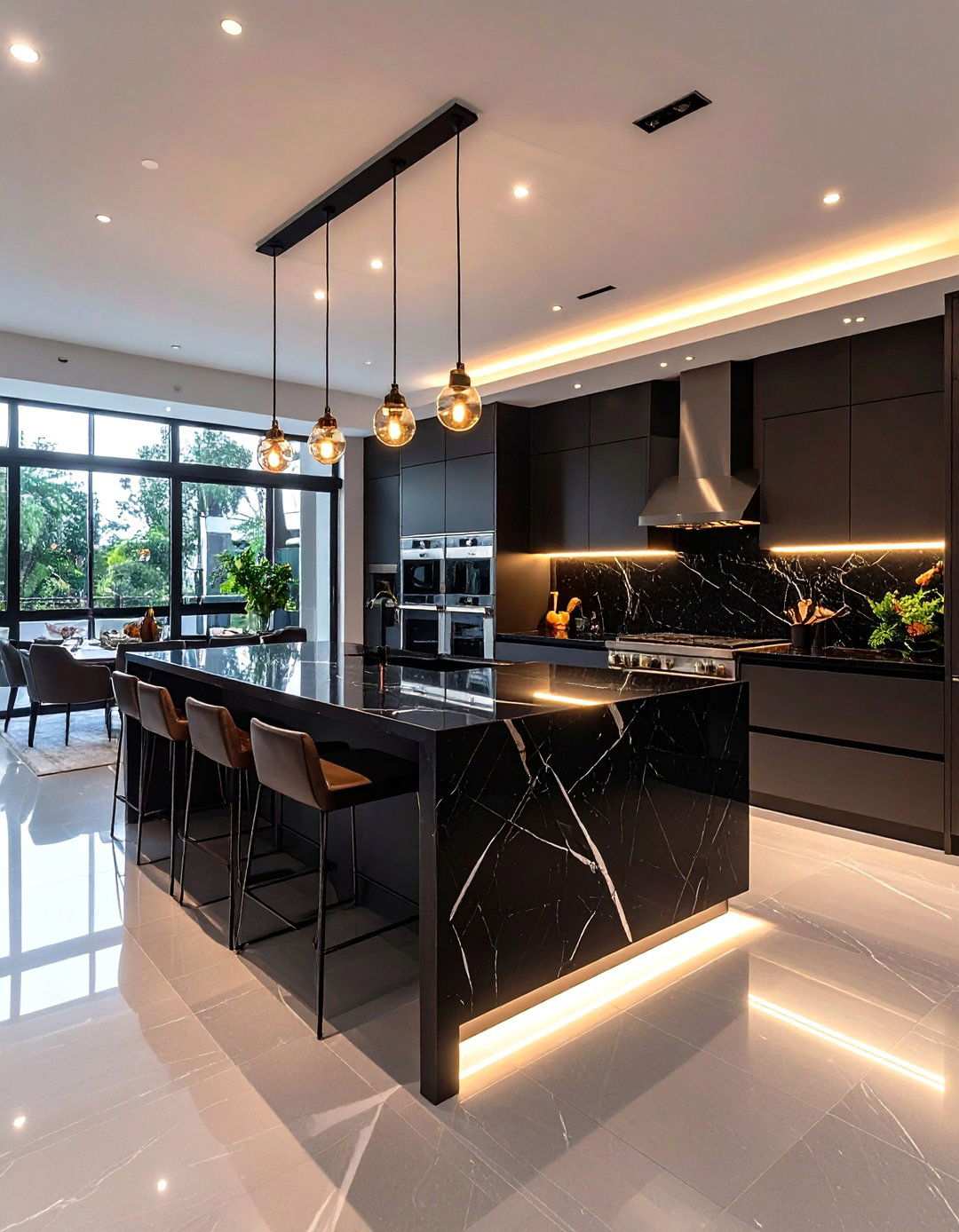 Sleek Black Quartz Waterfall Island - 24 Waterfall Kitchen Island Ideas