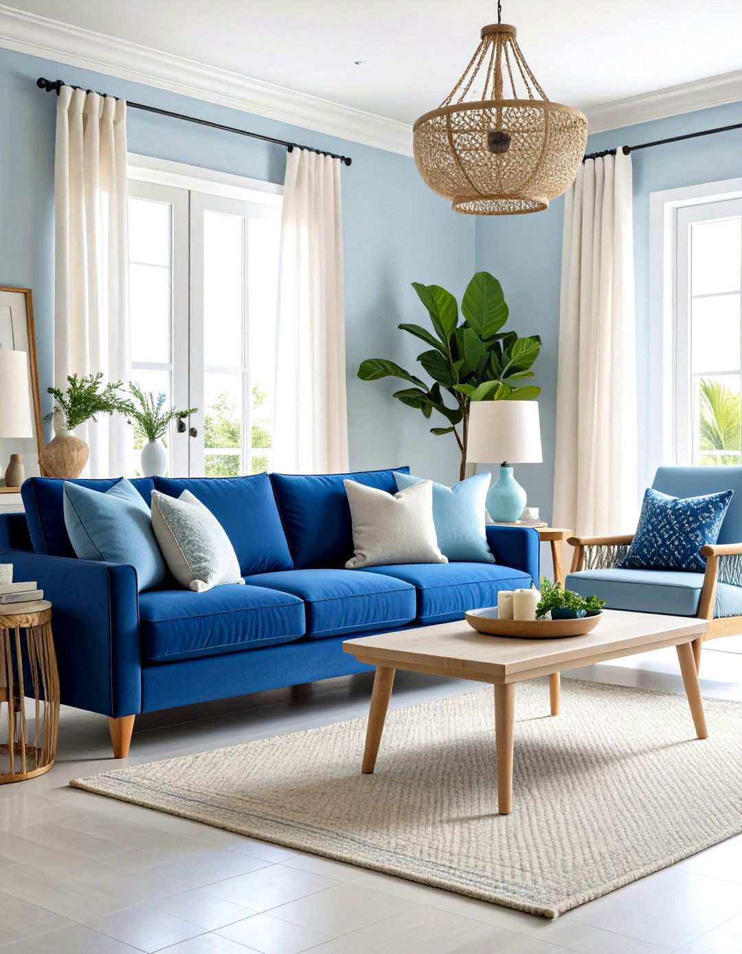 Soft Blue Coastal Living Room Design - 24 Monochromatic Living Room Ideas